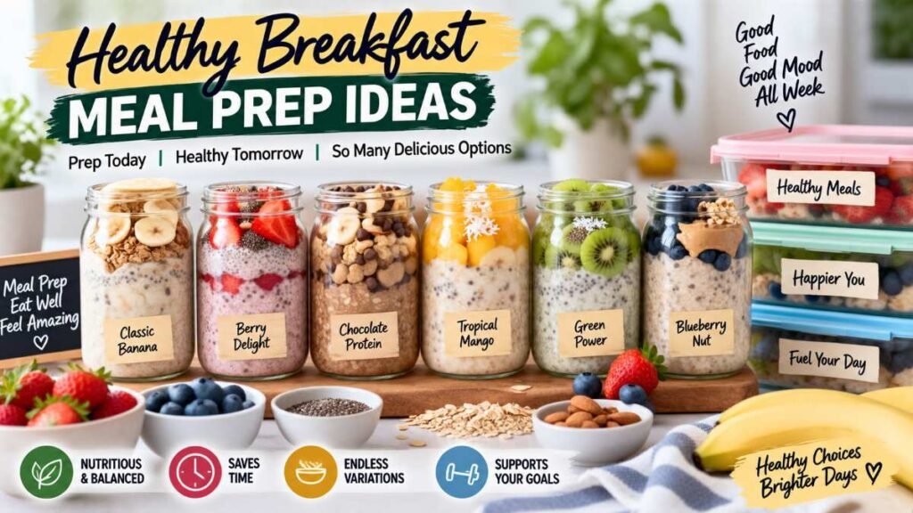Easy healthy breakfast meal prep ideas alongside overnight oats recipe