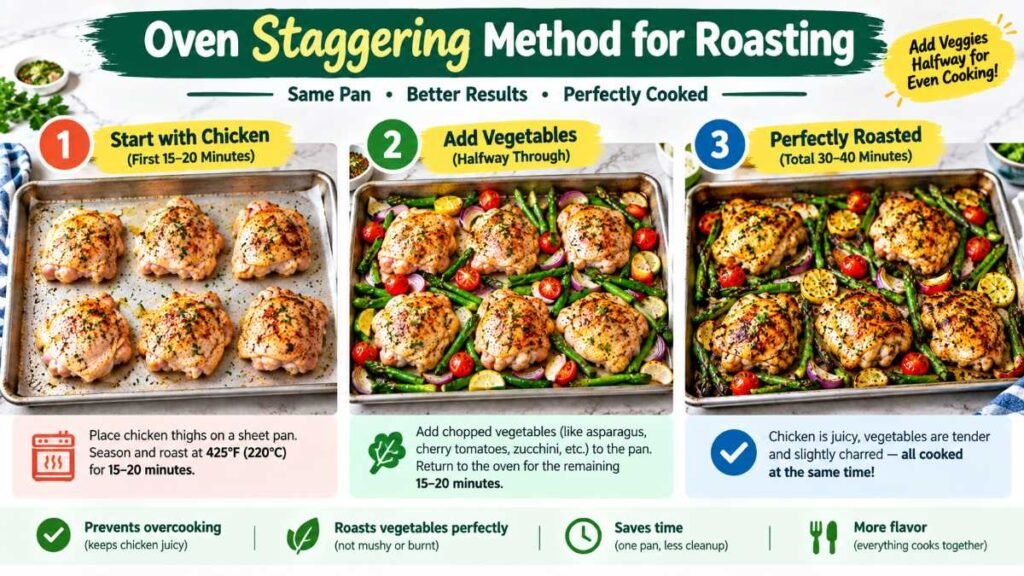Adding quick cooking vegetables to tray for balanced sheet pan dinner recipes