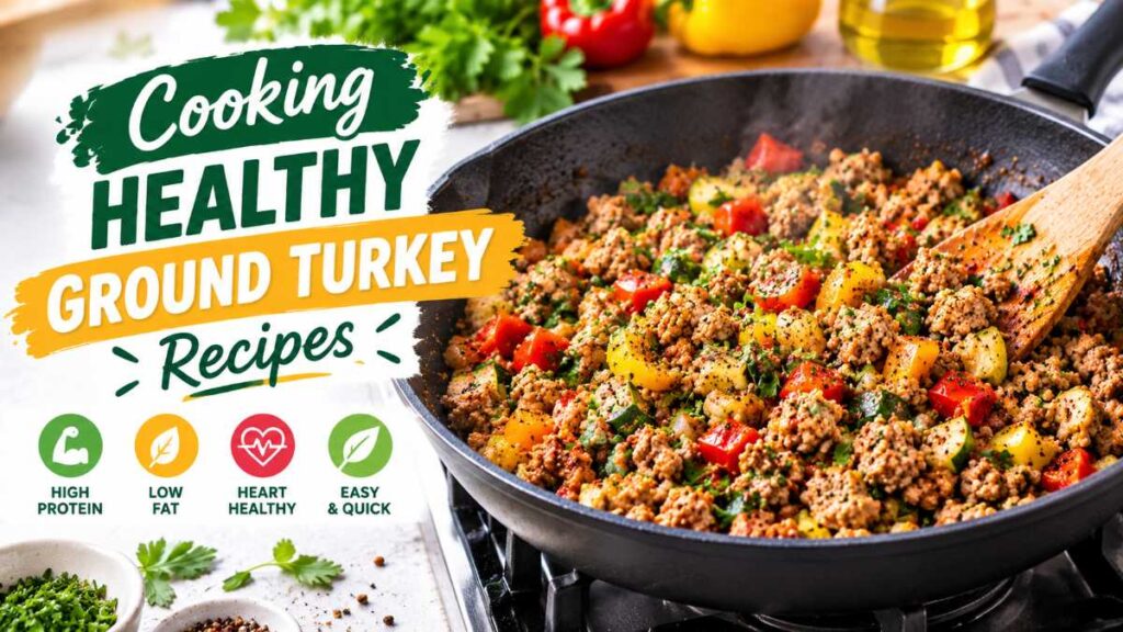 Basting and browning healthy ground turkey recipes in a hot frying pan.