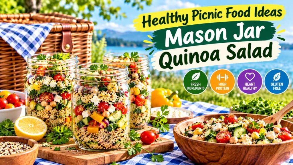 Layered mason jar quinoa salad showing healthy picnic food ideas for crisp fresh greens