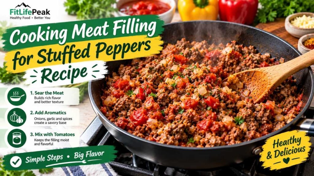 Ground turkey cooked with onions, garlic, and tomato paste for a stuffed peppers recipe.