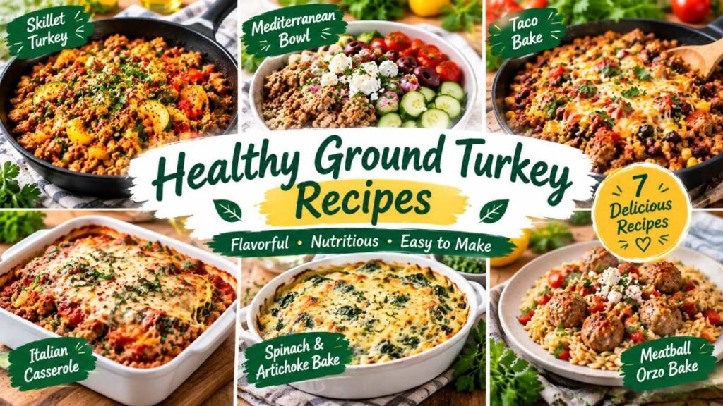 A spread of 7 healthy ground turkey recipes including tacos, meatballs, and wraps.