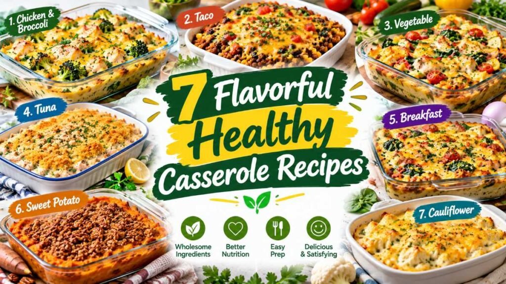 A table spread showing 7 flavorful healthy casserole recipes