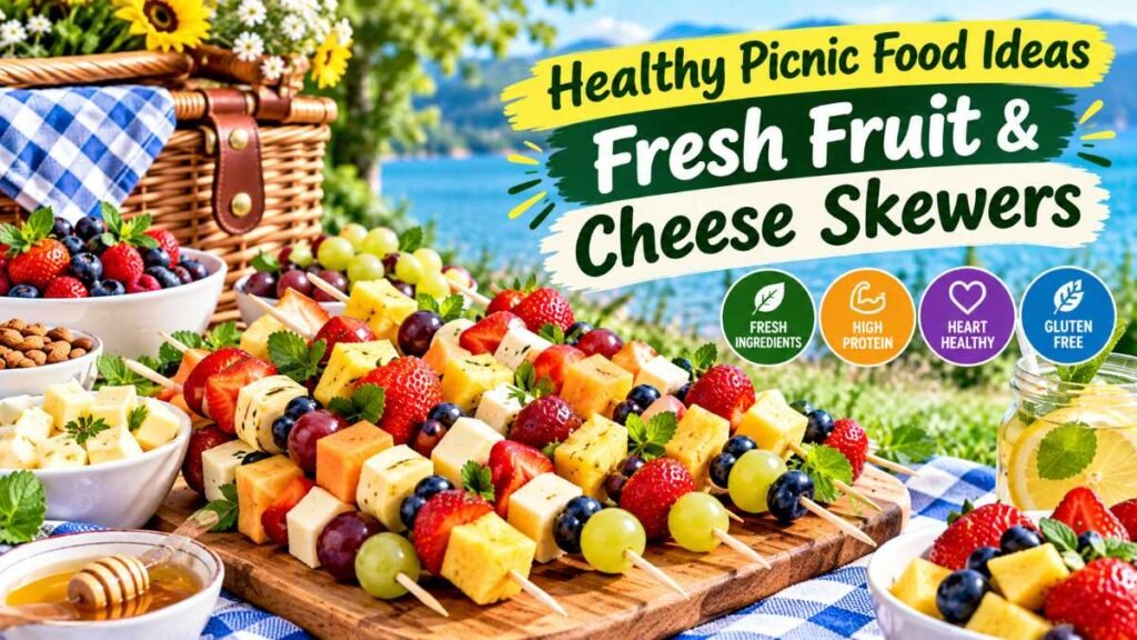 Grape, berry, and mini mozzarella skewers highlighting easy healthy picnic food ideas