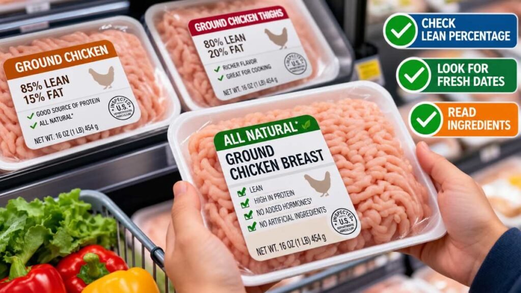 Supermarket meat tray labeled 98% lean for healthy ground chicken recipes.