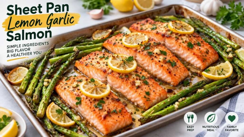 Sheet pan lemon garlic herb salmon prepared for healthy salmon dinner recipes