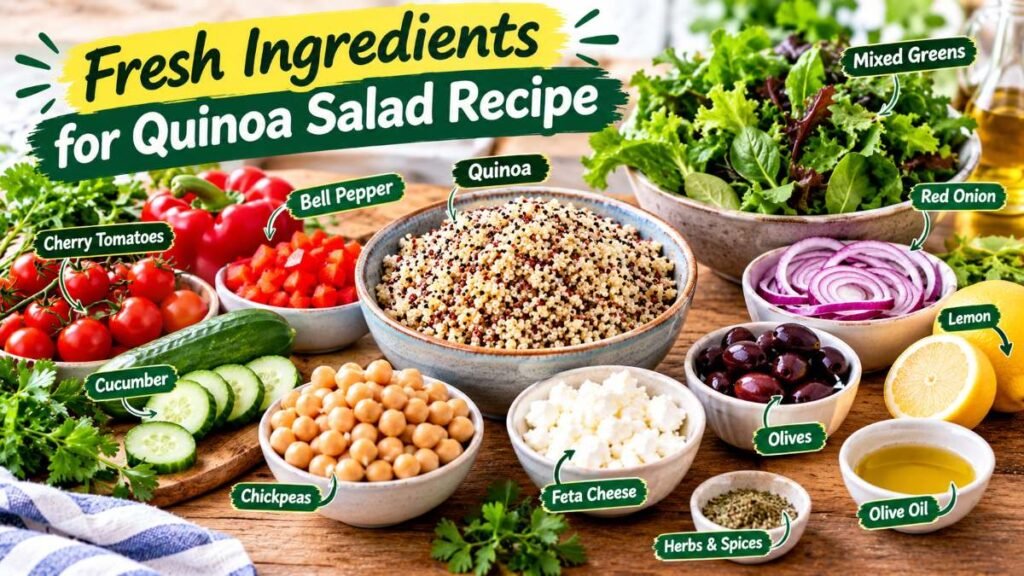 Ingredients laid out to prepare an easy quinoa salad recipe with fresh produce
