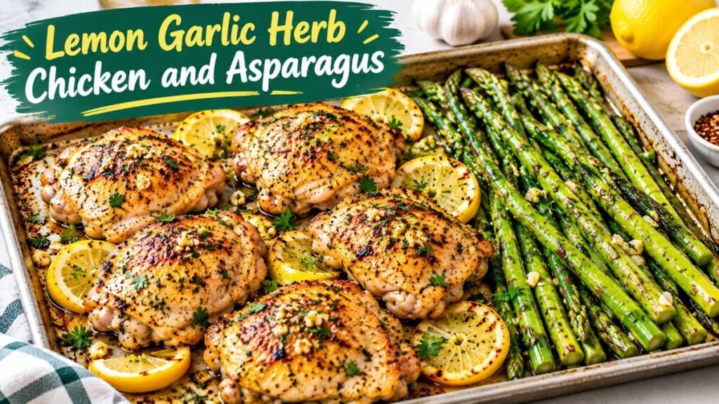 Lemon garlic chicken thighs with tender asparagus as one of our top sheet pan dinner recipes