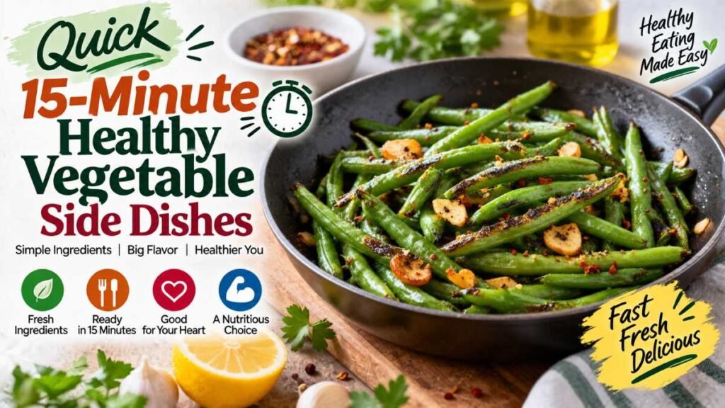 Cast iron skillet with blistered lemon garlic green beans as healthy vegetable side dishes