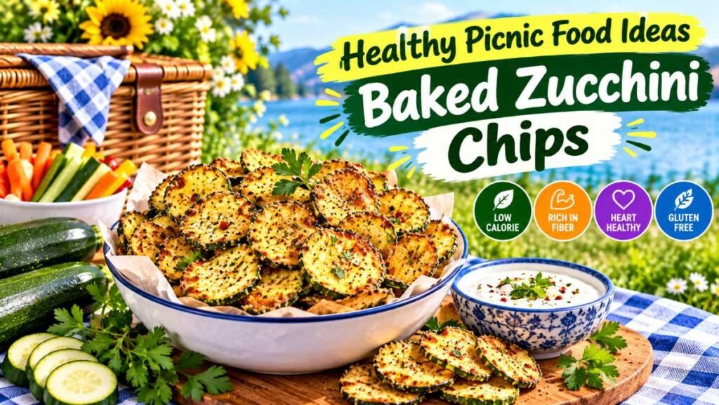 Golden baked zucchini chips as crunchy healthy picnic food ideas in a portable container