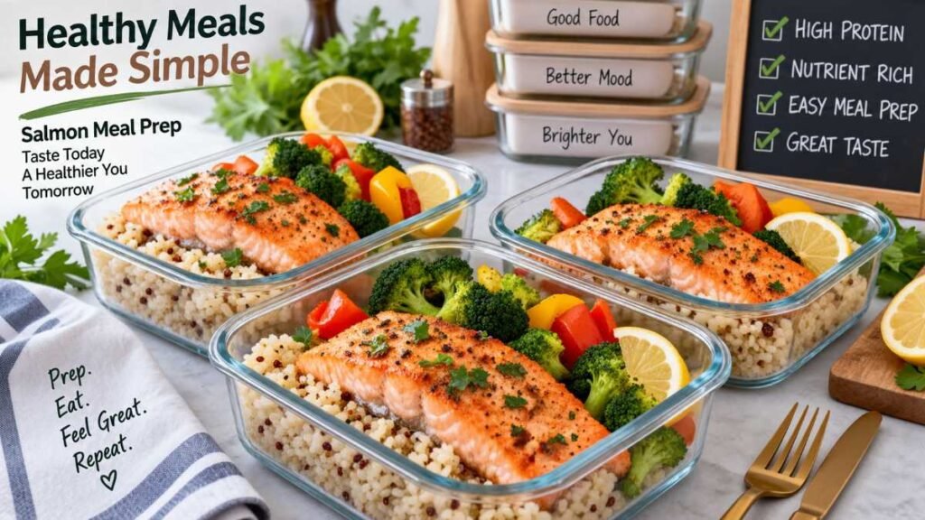 Cooked salmon meal prep glass container for healthy salmon dinner recipes