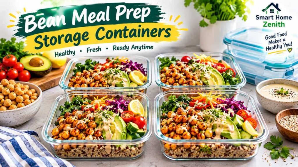 Glass storage containers filled with prep from healthy bean dinner recipes