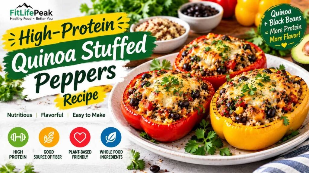 High-protein stuffed peppers recipe made with quinoa and black beans for post-workout meal prep.