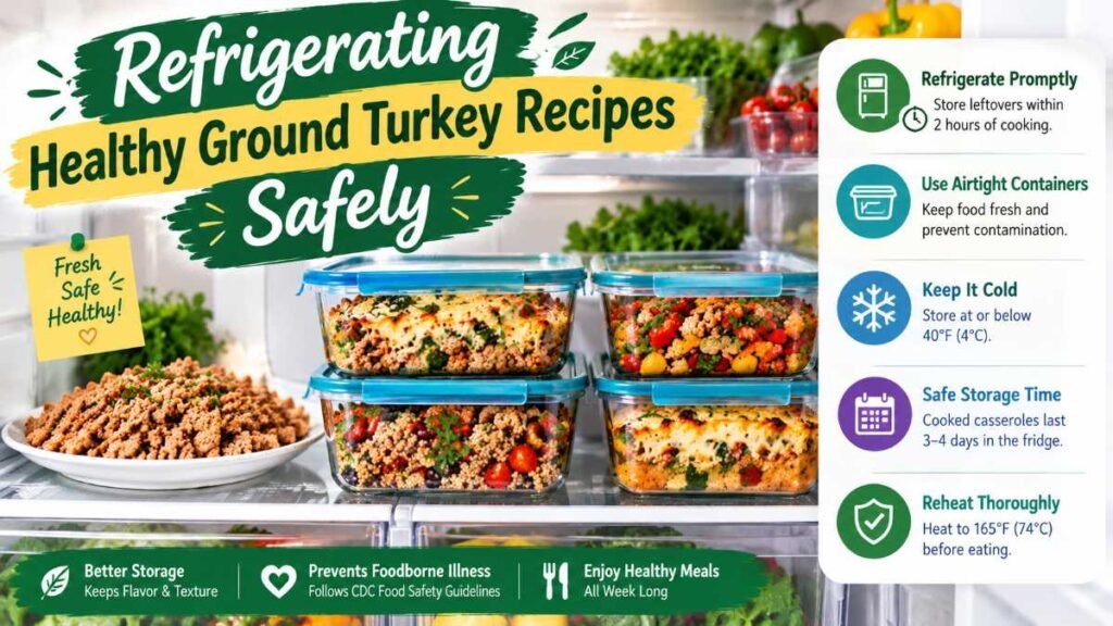 Storing cooked healthy ground turkey recipes in airtight glass containers in a fridge