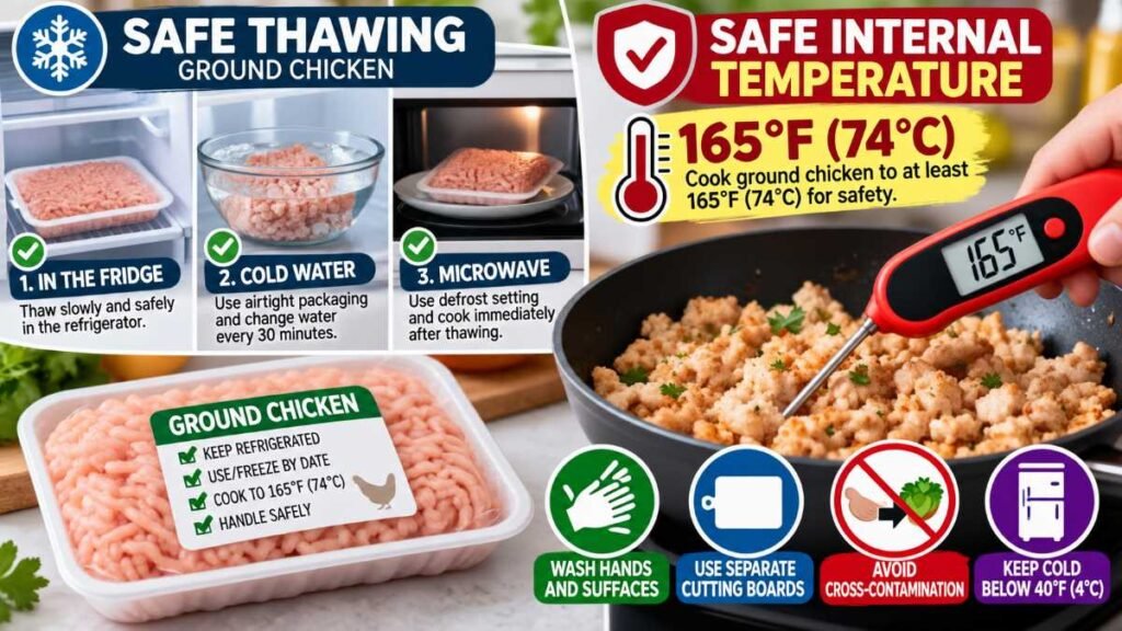 Digital meat thermometer reading 165°F in healthy ground chicken recipes