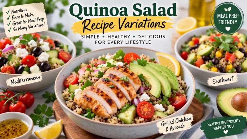 Customizing a quinoa salad recipe with avocado and grilled chicken toppings