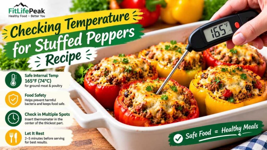 Checking internal temperature of a baked stuffed peppers recipe with a digital meat thermometer