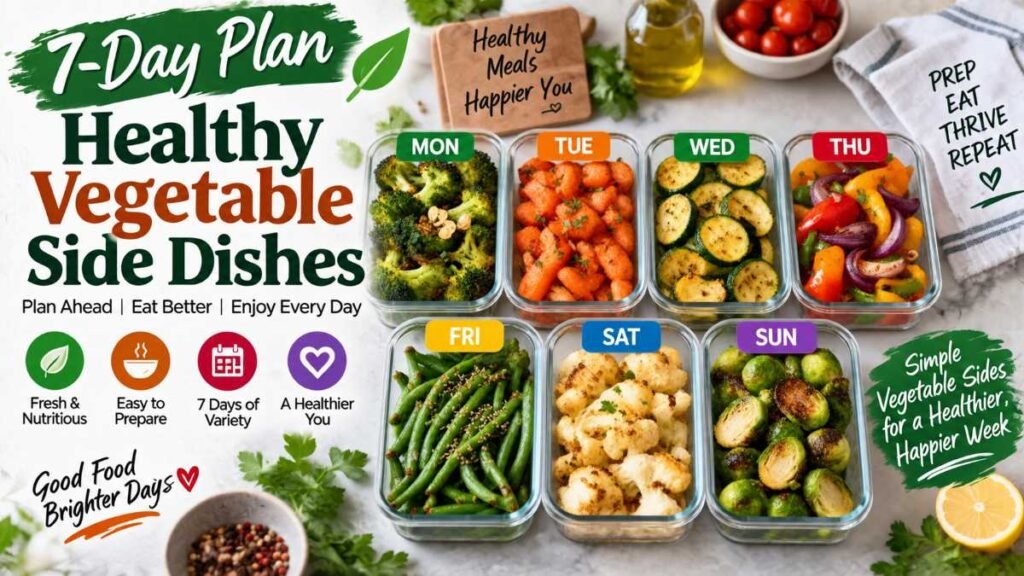 Structured 7-day weekly planner layout with healthy vegetable side dishes