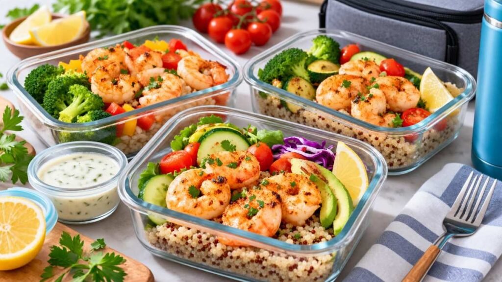 Meal prep prep containers with healthy shrimp dinner recipes