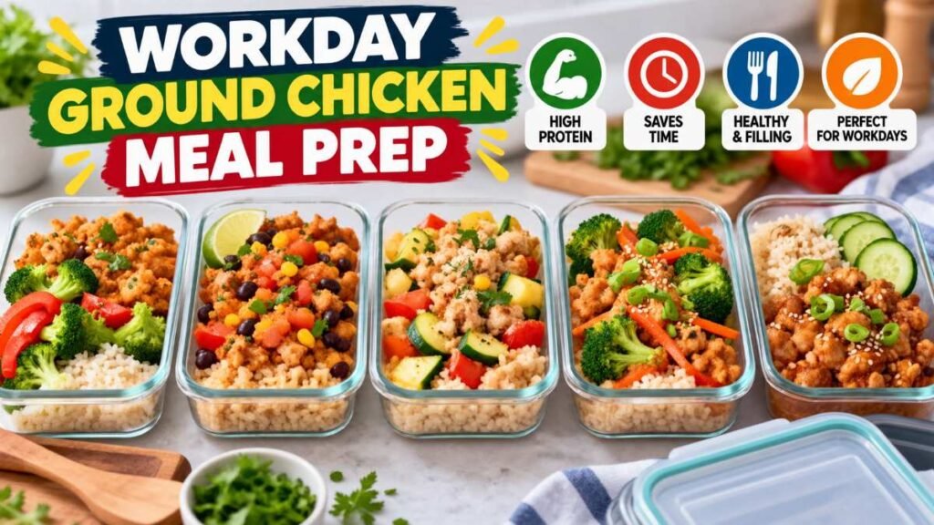 Glass meal prep containers loaded with healthy ground chicken recipes and brown rice.