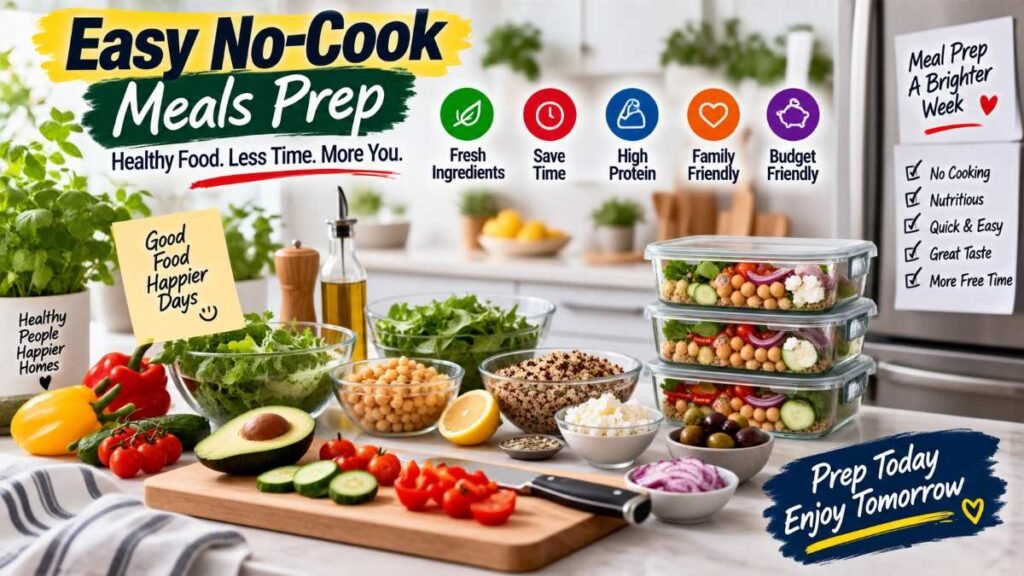 Busy household assembling fresh no-cook meals without using stovetops.