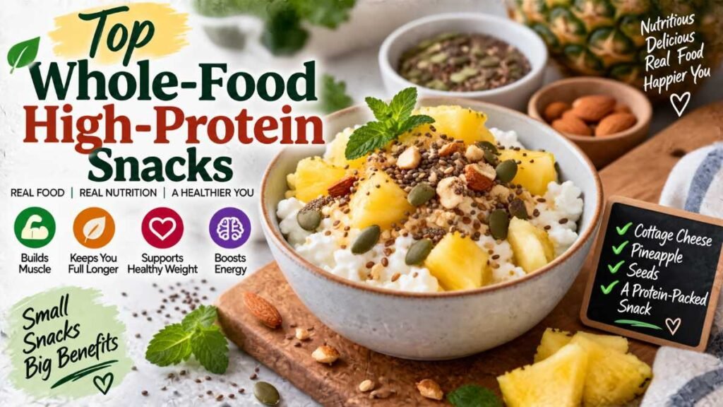 Nutritious whole-food high-protein snacks on a wooden table