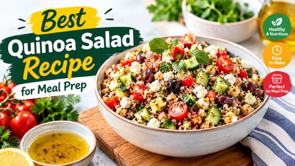 Fresh Mediterranean quinoa salad recipe in a clear bowl with colorful vegetables