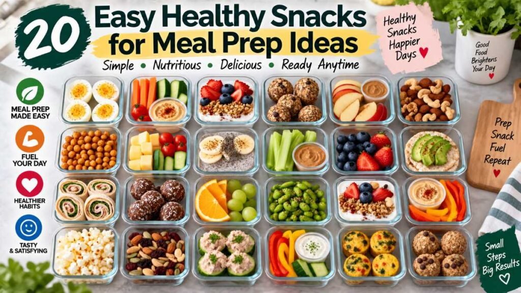 Selection of 20 quick healthy snacks for meal prep prepared in advance