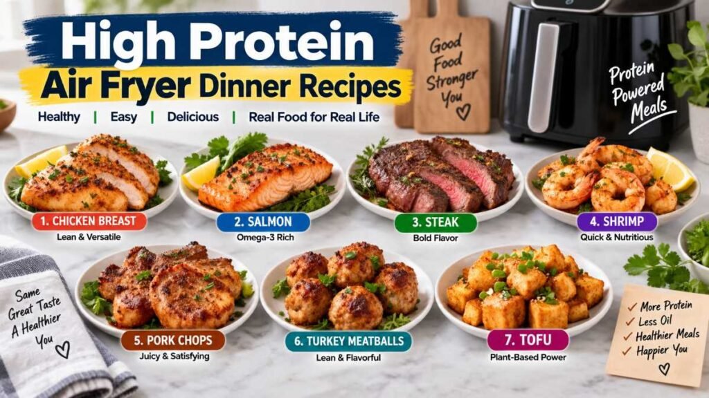 Seven healthy air fryer dinner recipes displayed in meal containers