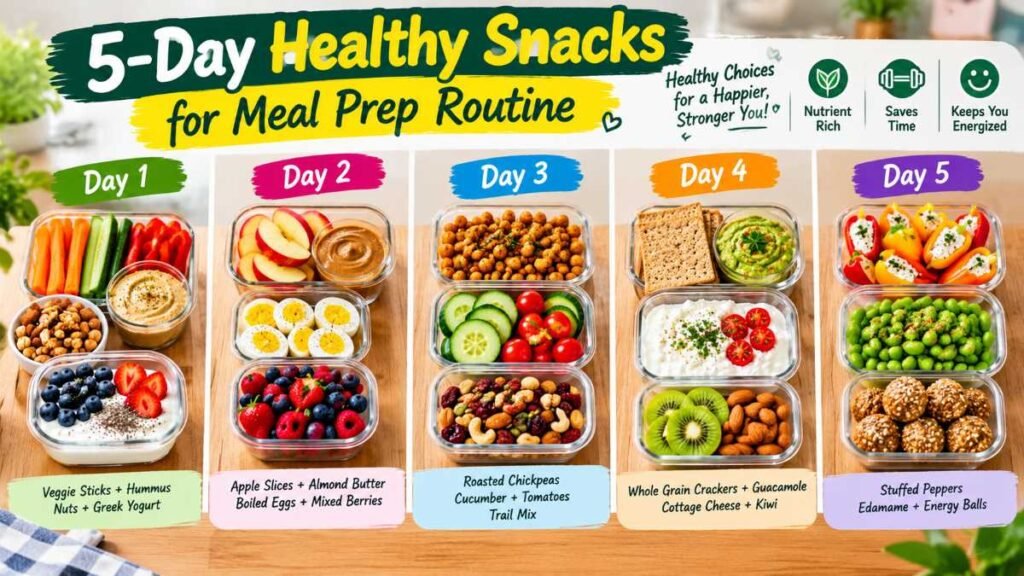 Weekly snack planner showing 5 days of healthy snacks for meal prep
