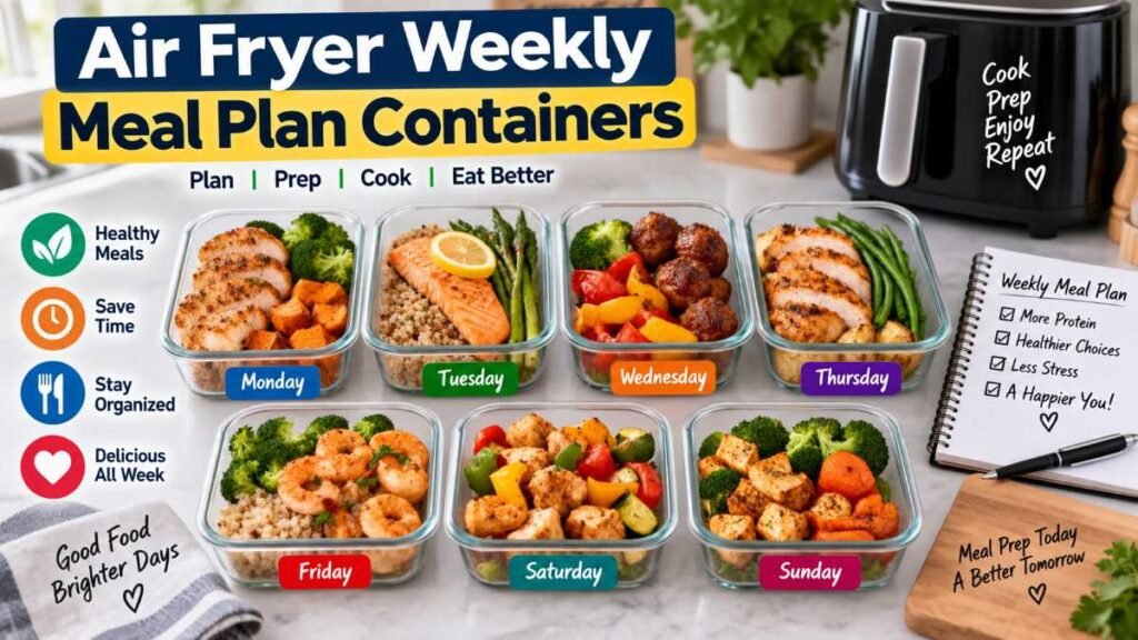 Glass meal prep containers packed with healthy air fryer dinner recipes for work