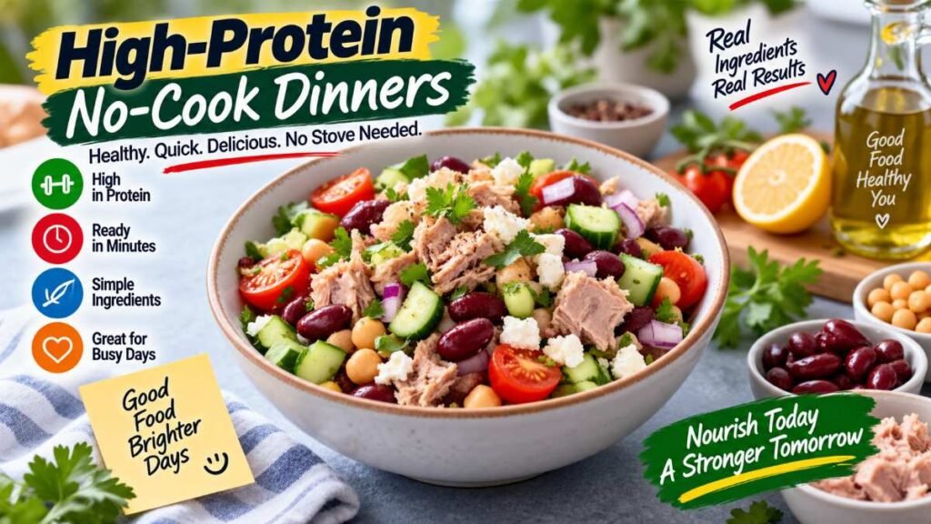 Savory high-protein dinner bowls made using no-cook meals techniques.