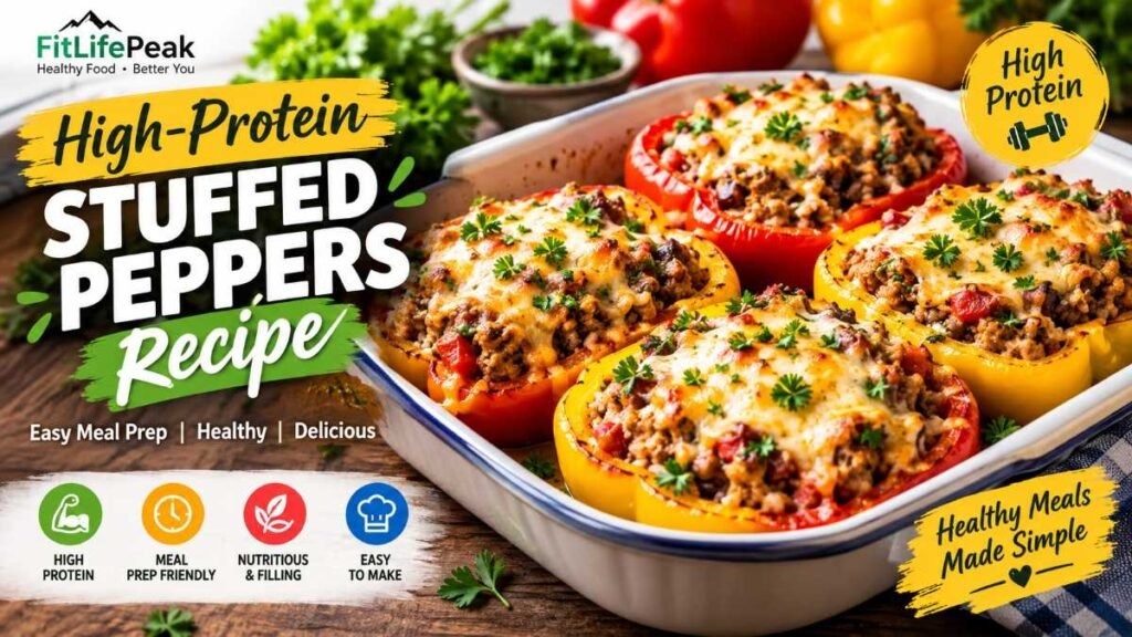 A white ceramic platter featuring warm bell peppers filled with lean turkey, brown rice, and melted cheddar cheese.