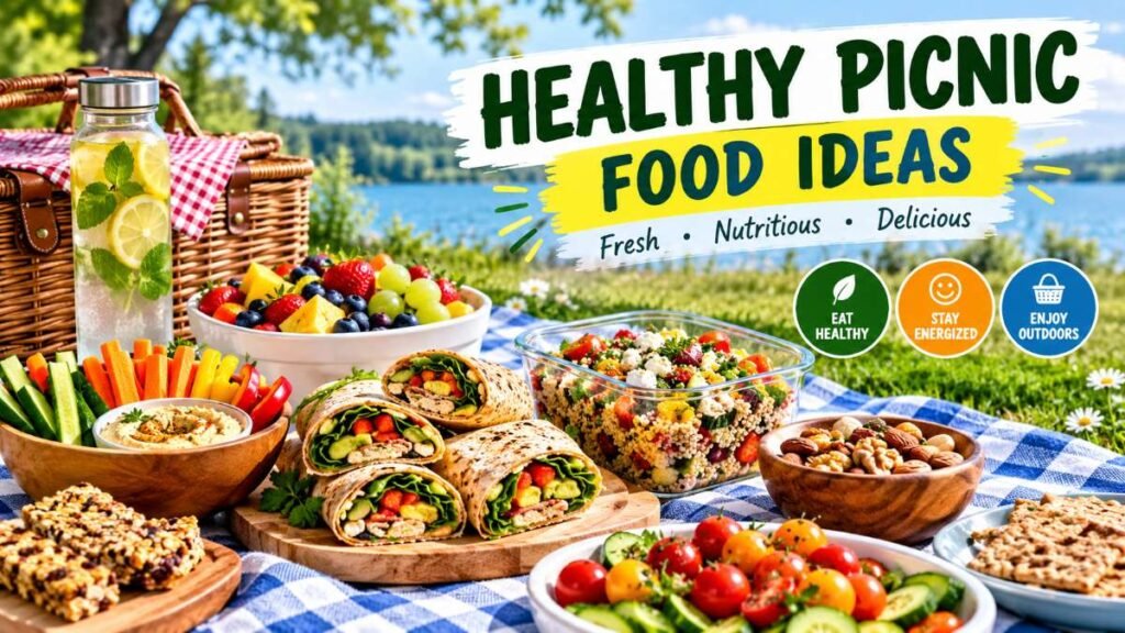 Fresh healthy picnic food ideas served on a red plaid blanket in a park