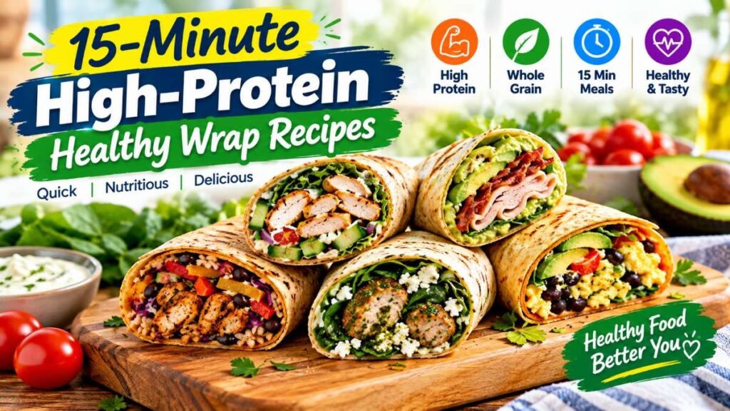 Plate of sliced grilled chicken and turkey high-protein healthy wrap recipes on a wooden kitchen cutting board