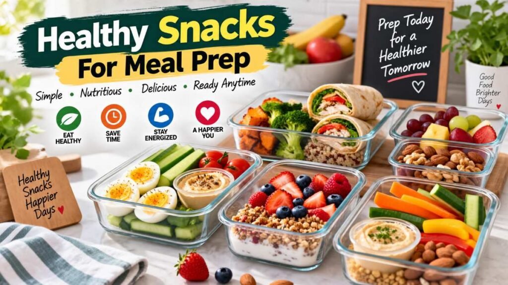 Variety of healthy snacks for meal prep arranged in glass storage containers