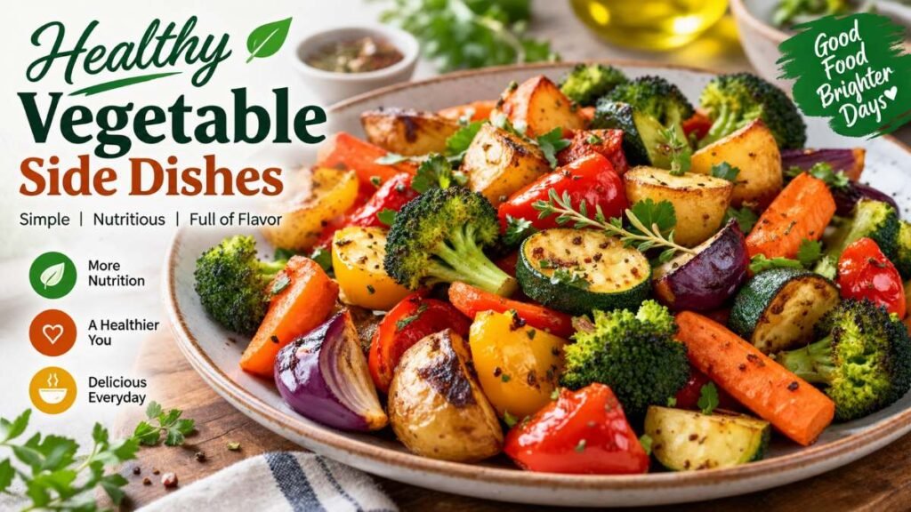 Sheet pan of roasted healthy vegetable side dishes including broccoli, carrots, and Brussels sprouts
