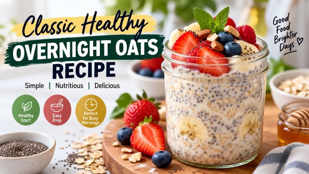 Easy classic healthy overnight oats recipe in a mason jar with berries