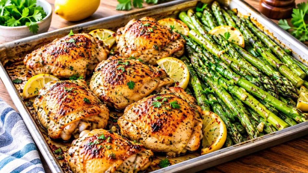 Golden roasted chicken thighs on a baking sheet tray for sheet pan dinner recipes