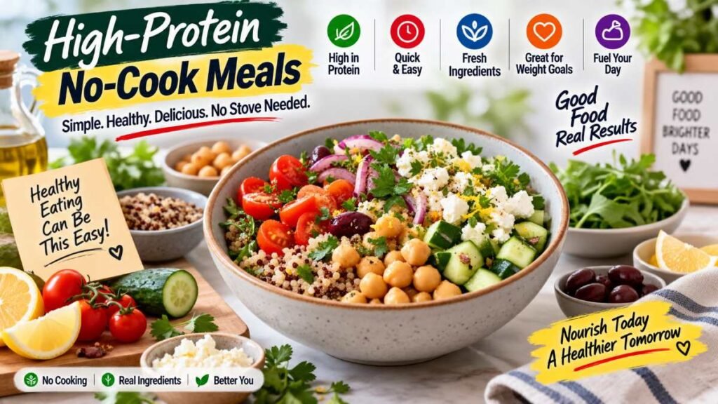 Fresh summer table featuring quick no-cook meals for busy families.
