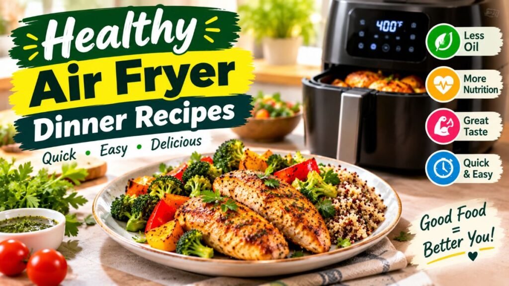 A variety of healthy air fryer dinner recipes served on a cozy dinner table