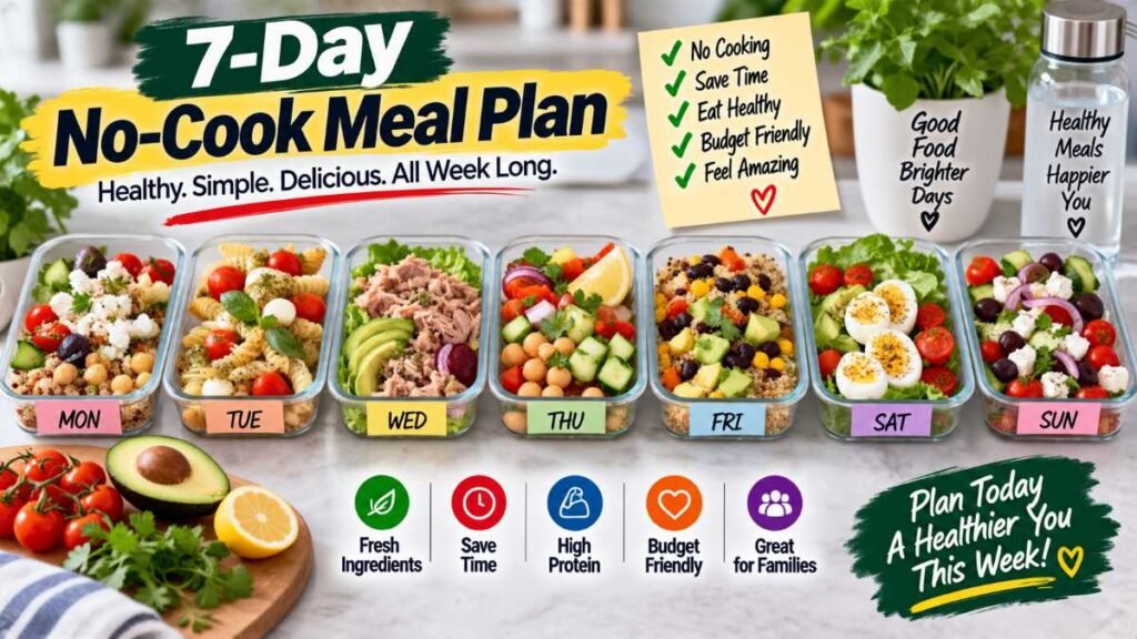 Streamlined 7-day meal preparation featuring wholesome no-cook meals