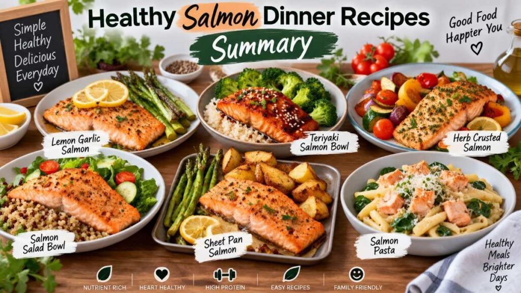 Full table spread of dishes made with healthy salmon dinner recipes