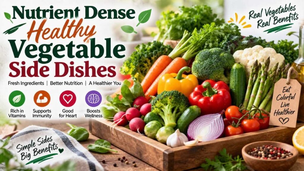 Balanced dinner plate with grilled chicken and roasted healthy vegetable side dishes