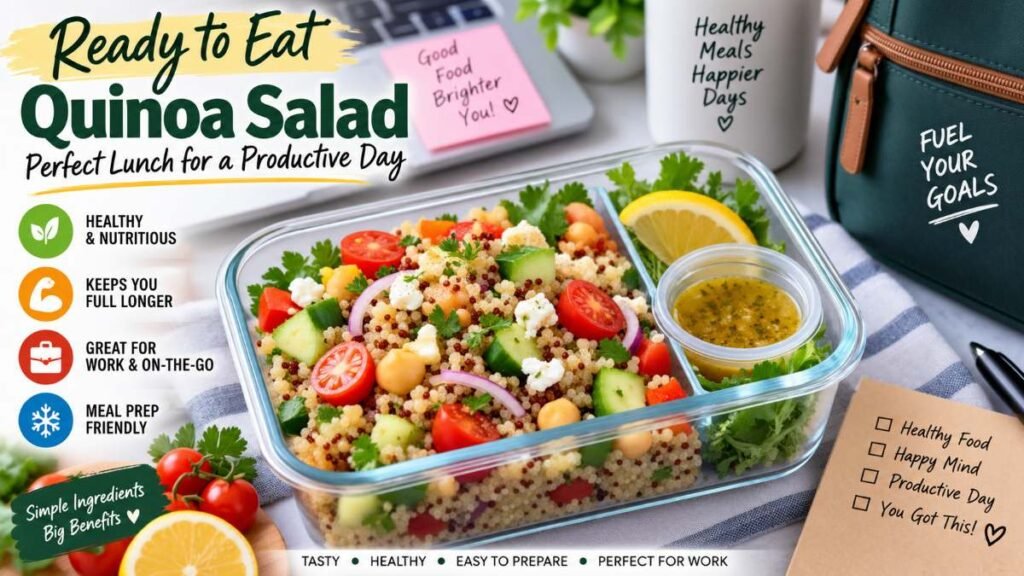 Packed quinoa salad recipe bowl ready for an easy weekday lunch prep