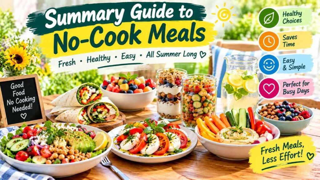 Quick family dinner table filled with fresh no-cook meals.