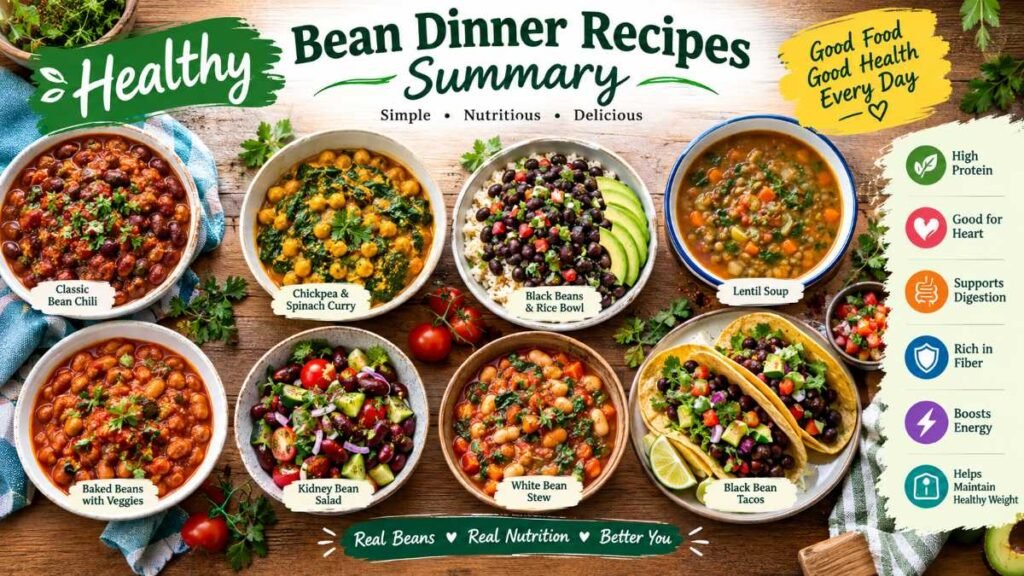 Full table spread of meals made with healthy bean dinner recipes