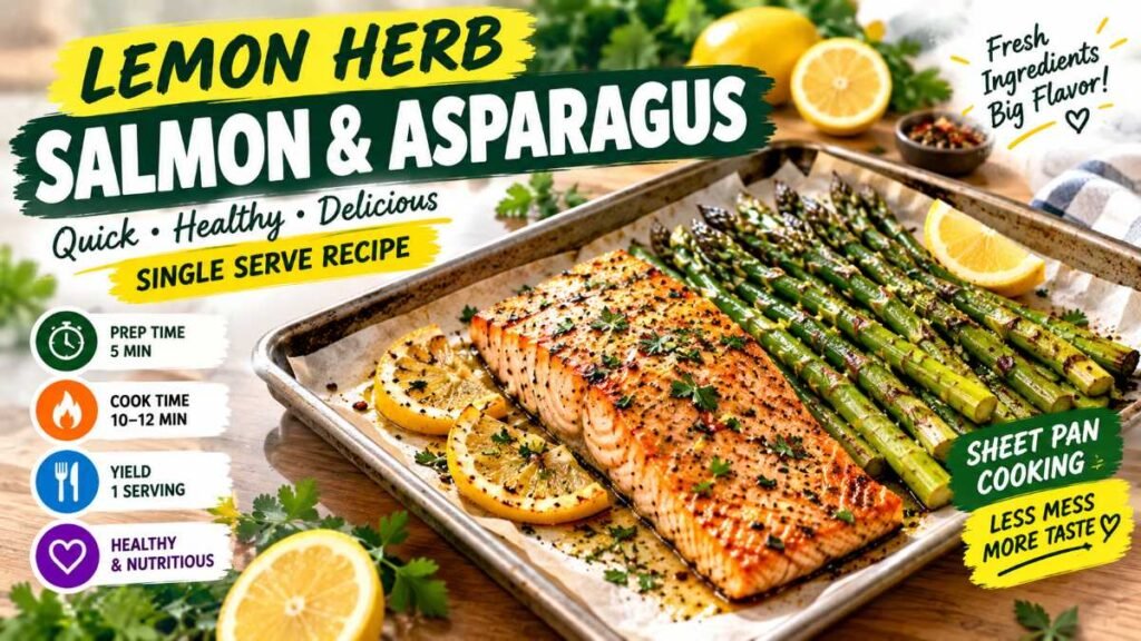 Fresh salmon fillet roasted with asparagus for healthy dinner recipes for one