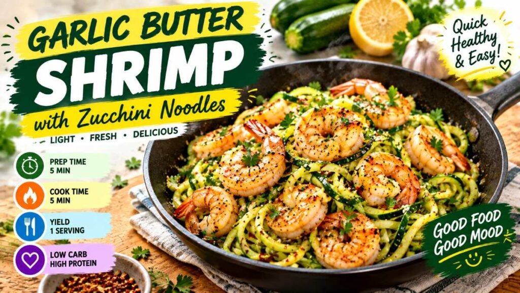 Searing garlic shrimp and zucchini noodles for healthy dinner recipes for one